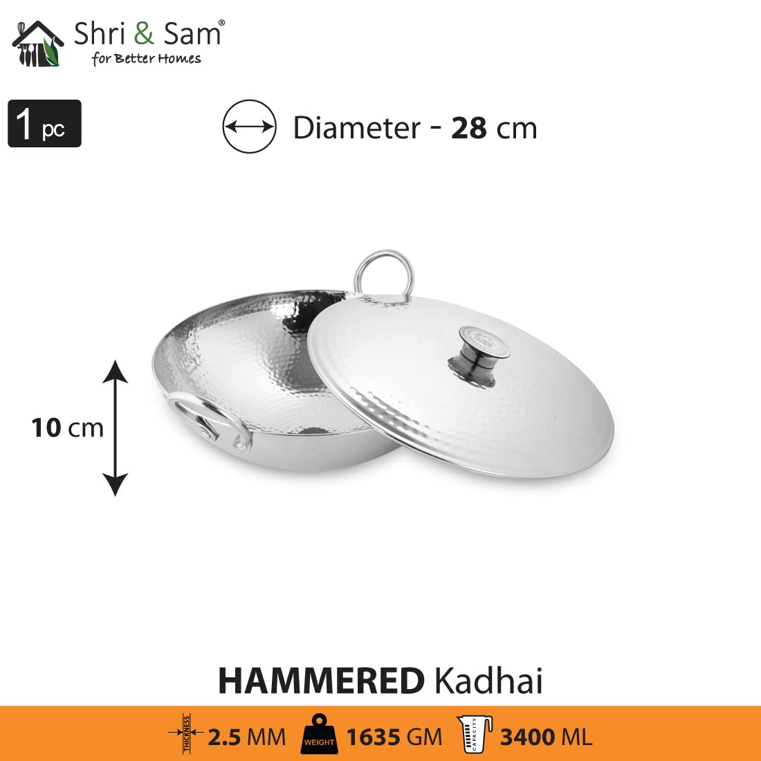 Shri & Sam Stainless Steel Kadai - 3.4L, Triply Construction -2 Shri & Sam Stainless Steel Kadai - 3.4L, Triply Construction -2