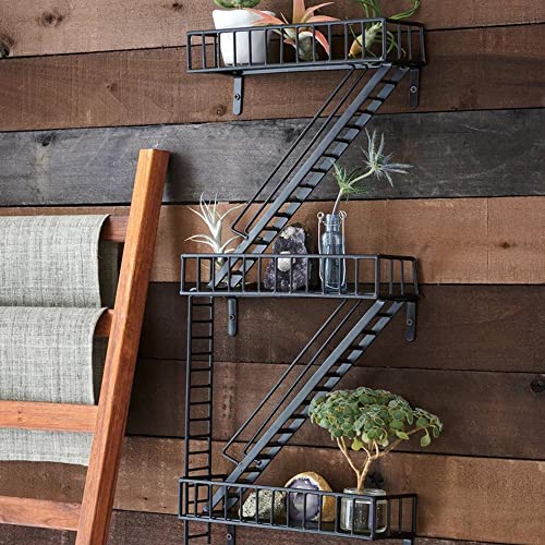 Image of Vintageware 3-Tier Iron Wall Shelf Fire Escape Ladder Design | Decorative Wall Shelves for Living Room, Bedroom & Home Decor (Black)