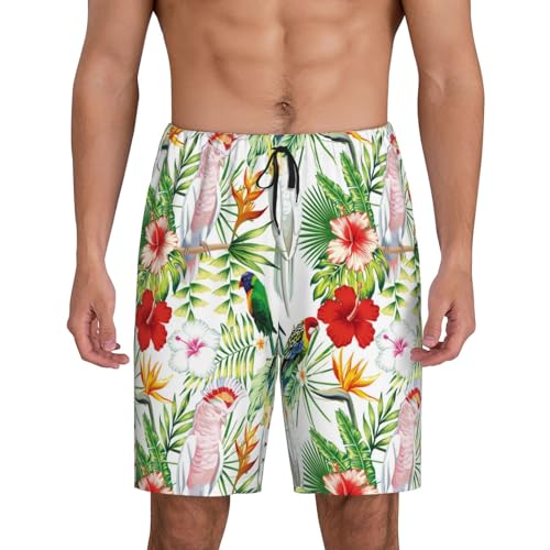 TZTTZT Short de pyjama pour homme avec poches, joli motif oiseau parrot plante douce pour dormir, short de pyjama pour homme, noir