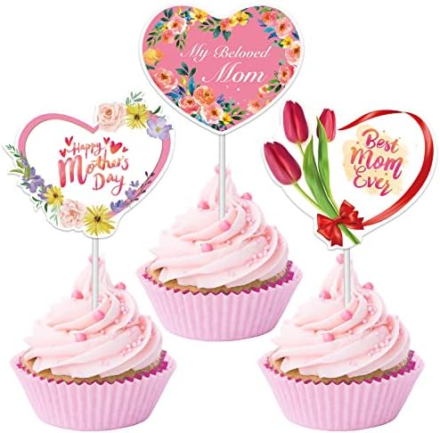 KKBES 24 Pack Happy Mother's Day Cupcake Toppers Best Mom Ever Cake Topper Cupcake Picks for Mother's Day Birthday Party Supplies, 3 Patterns