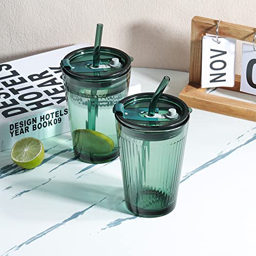 Joeyan 450ml Green Glass Cup with Straw and Lid, Set of 2 Smoothie Cups with Straw - Image 2