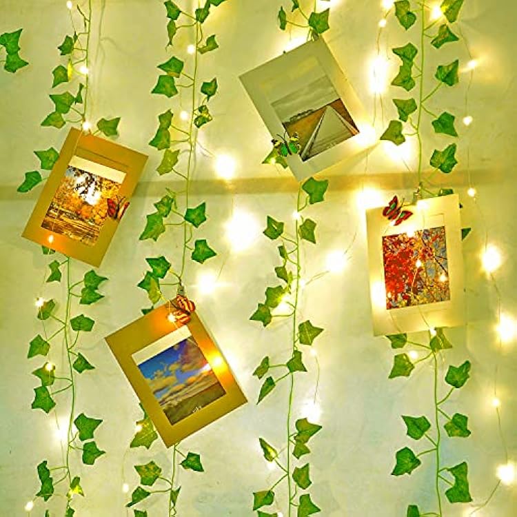 Naidiler 12 Pcs Artificial Ivy Garland Fake Vines with 65 Ft Lights String (200 LED) Decor Faux Green Hanging Plant Greenery for Wall Party Wedding Room Home Kitchen Indoor & Outdoor Decoration