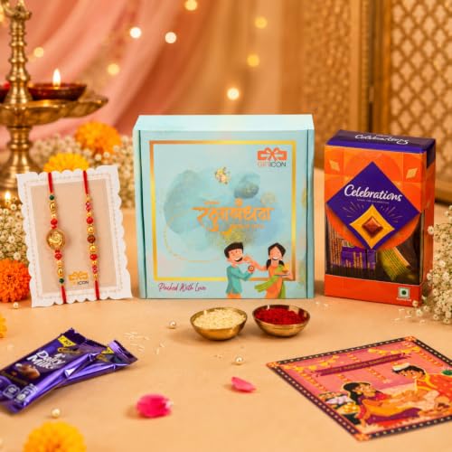 Image of Gifticon Rakhi Set for Brother with Chocolate | Premium Designer Rakhi, Chocolate, Roli Chawal, Greeting Card & Premium Gift Box | Rakhi Hamper for Raksha Bandhan | Ganesh Ji & Rudraksh Rakhi Set