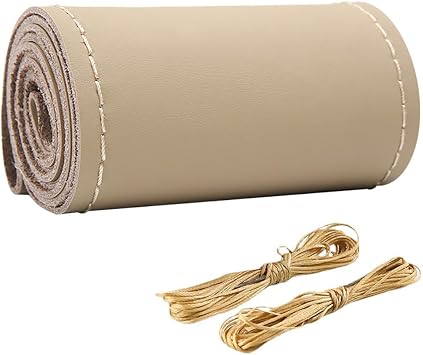 Cowhide Leather Car Steering Wheel Cover Big Trucks Big Buses, 17 1/4-18 Inch Universal Stitch On Wrap, DIY with Needle & Thread Beige, XXL
