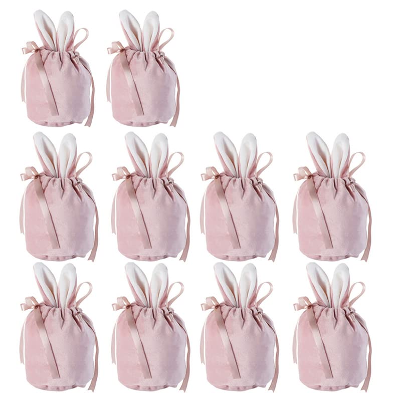 hardinox 10PCS Easter Candy Bag Bunny Ears, Velvet Drawstring Gift Bag Rabbit Snack Party Bags For Sweet Candy Biscuit Chocolate (Pink)