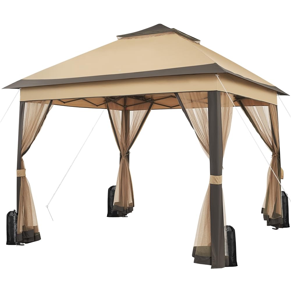 Yaheetech Carpa Plegable 3.3x3.3m Cenador Exteriores con 4 Mosquiteras con Cremallera,Altura Ajustable de 271-291cm,Resistente al Viento,Montaje Rápido,Ideal para Jardín y Patio,Color Caqui