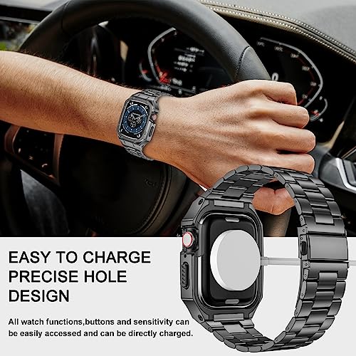 Image of BAITEYOU Stainless Steel Band with Case Compatible with Apple Watch Series SE 3 2 1 /6 5 4 (44mm), Series 3 2 1 (42mm), Metal Protective Bumper Rugged Cover for iWatch Bands Men (Grey)