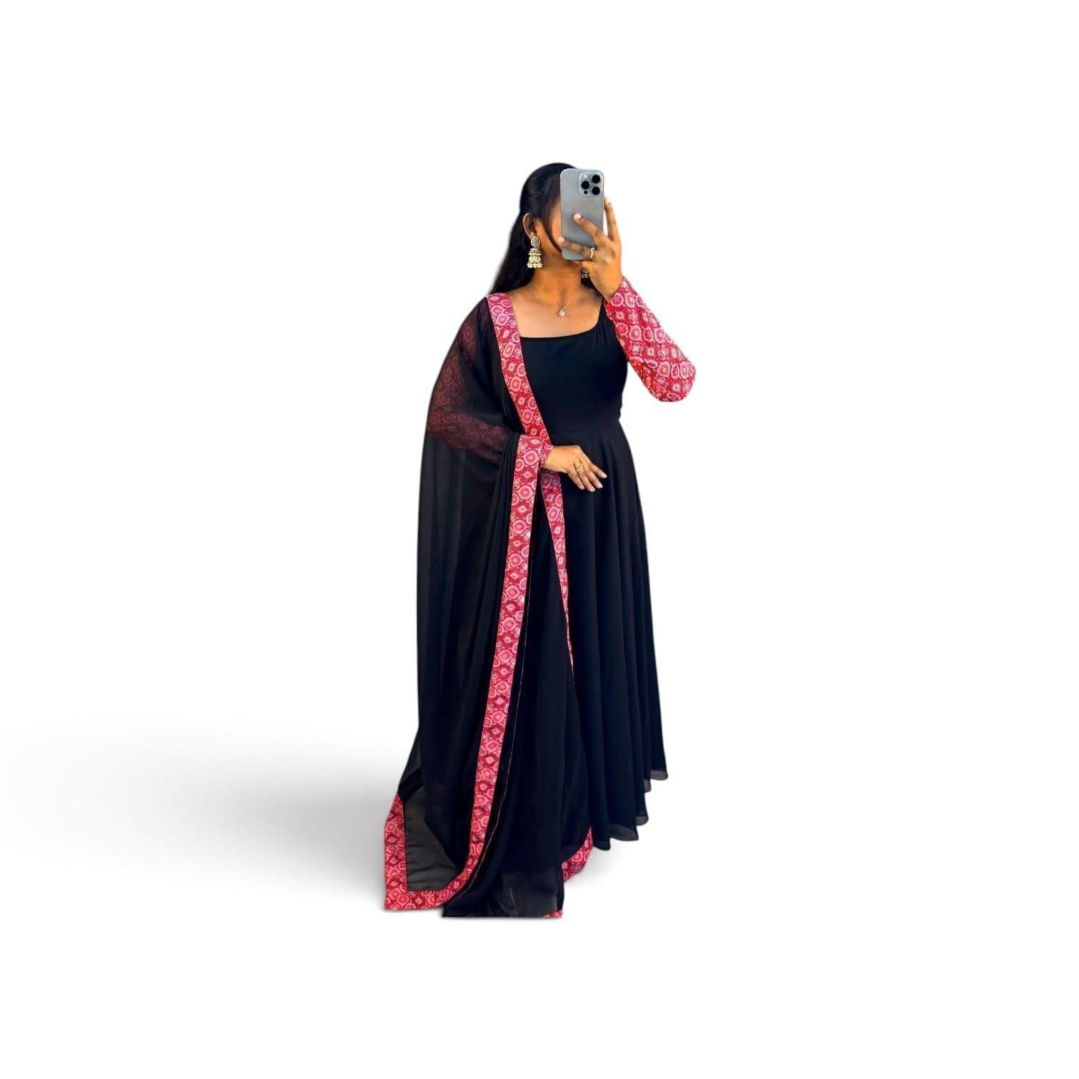 Women's Black Anarkali Georgett Gown Set with Printed Georgette Dupatta | Flared Ethnic Dress | Festive, Wedding & Traditional Outfit (in, Alpha, Regular, Black)-image-17