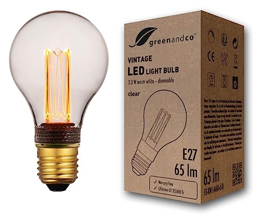greenandco Bombilla LED Regulable Decorativa Edison Estilo Vintage | E27 A60 | Claro | 2,3W 65lm | 1800K Blanco Extra Cálido | 320° | 230V | Sin Parpadeos