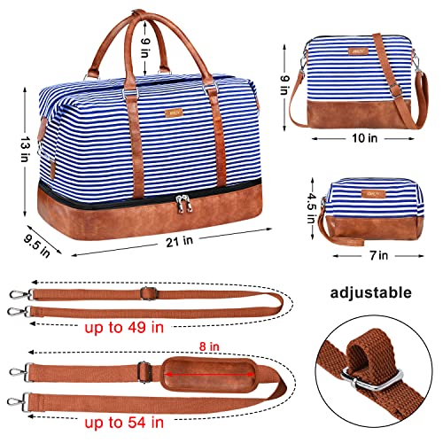 Image of IBFUN Travel Weekender Bag Travel Duffle Bag Travel Tote Bag, B2-blue & White Strips, Large