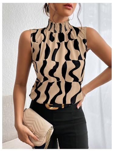 Floerns Women's Geo Print Sleeveless Vest Frill Trim Mock Neck Elegant Blouse Tops3