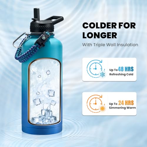 Image of RAYMYLO Insulated Water Bottle 87 oz, Triple Wall Vacuum Stainless Steel (Cold for 48 Hrs), Leak Proof & Non-BPA, Modern Water Flask Jug with Paracord Handle & Straw Spout Lids, Cyan Blue