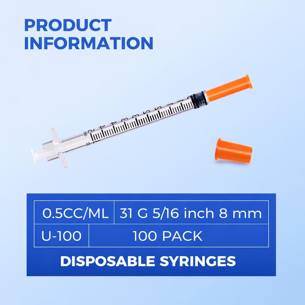 0.5ml 31G 5/16" 8mm Syrings, Lab Supplies Disposable Individual Package, Pack of 100