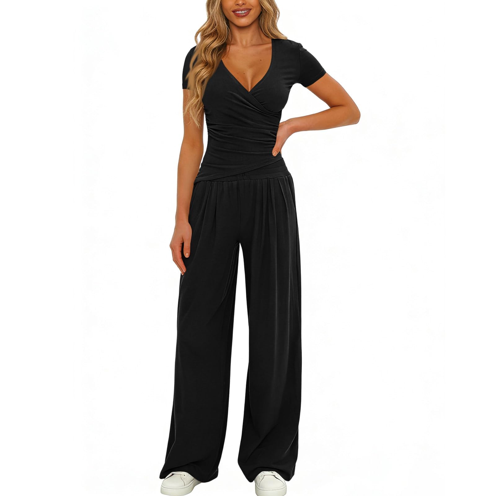 LIAMERHE Femme Ensemble 2 Pièces Été Chic Manches Courtes Col en V Cache-Cœur et Pantalon Large Fluide avec Poches Tenue de Détente Élégante Loungewear Streetwear Casual et Yoga