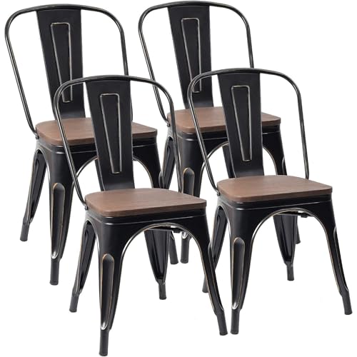 Image of Furmax Metal Dining Chairs with Wood Seat, Indoor-Outdoor Use Stackable Chic Dining Bistro Cafe Side Metal Chairs Set of 4 (Black Gold)