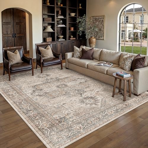 6x9 Washable Vintage Area Rug Brown Oriental Living Room Bedroom Throw Rug Neutral Non Slip Soft Low Pile Carpet for Dining Room Office Nursery Indoor