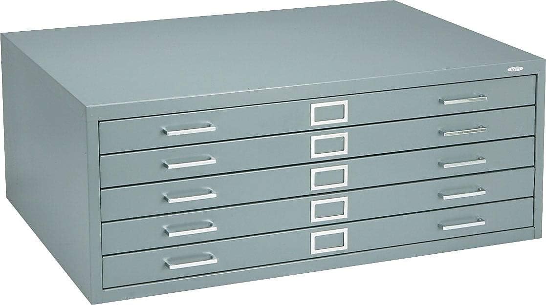 Pemberly Row 5 Drawer Steel Flat Files Cabinet, Gray Finish, Fits 24"x36" Documents, Stackable Modular Design, Case-Hardened Ball-Bearing Rollers, Office Filing Storage for Drawings and Large Papers