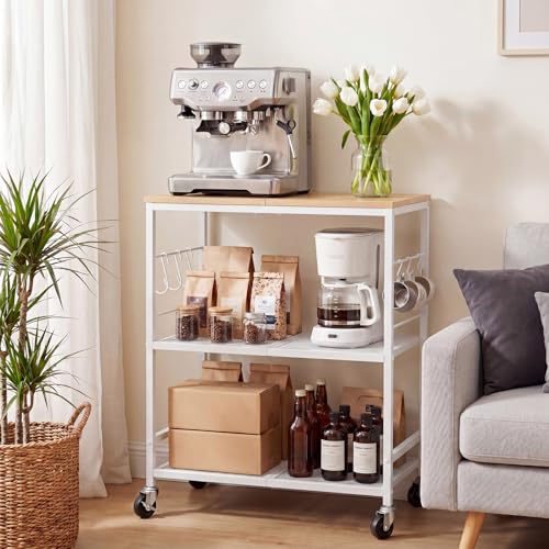 Wapuai Rolling Kitchen Microwave Cart, 3-Tier Cart with Lockable Casters, 6 S Hooks for Towels, Rolling Kitchen Storage Rack, Space Saving Stand for Small Kitchen, Apartment, Coffee Bar — view 5