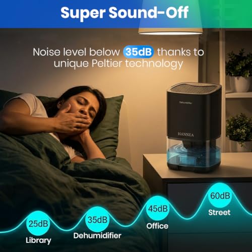 Image of HANNEA1000ml Home Dehumidifier, Compact Moisture Absorber with Auto Shut-Off, Color Ambient Night Light & Quiet Operation, Small Room Dehumidifier for Bedroom, Closet, Office, 15x13x25cm