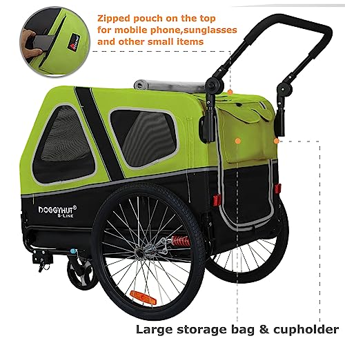 Doggyhut S-Line XL Hundeanhänger & Hundebuggy mit Federung 2 in 1 Hunde Fahrradanhänger Jogger gefedert bis 45 kg (Grün/Schwarz)