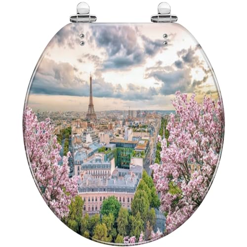 Round Toilet Seat Paris city springtime Resin Toilet Seat Quietly Slow Close with Quick-Release Hinges Toilet Seat with Cover Easy to Clean Install