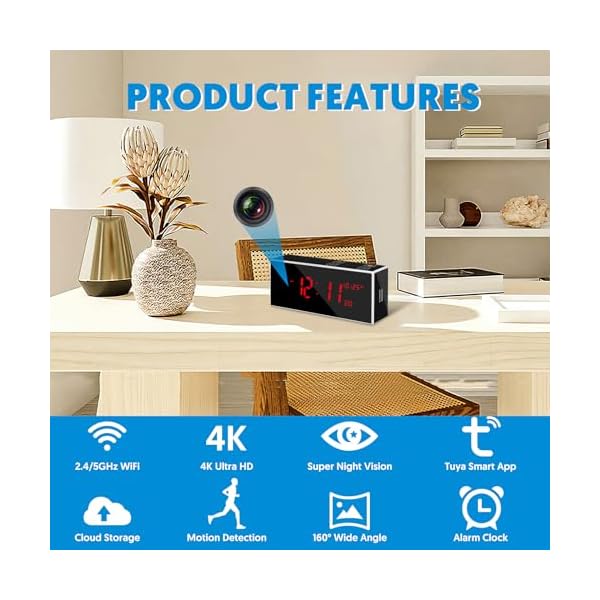kelucimy Hidden Camera Alarm Clock with Strong Night Vision,4K WiFi Spy Camera Wireless Hidden Cam Motion Detection Mini Nanny Secret Cam with Phone App for Home Security(2.4/5Ghz)… - Image 3