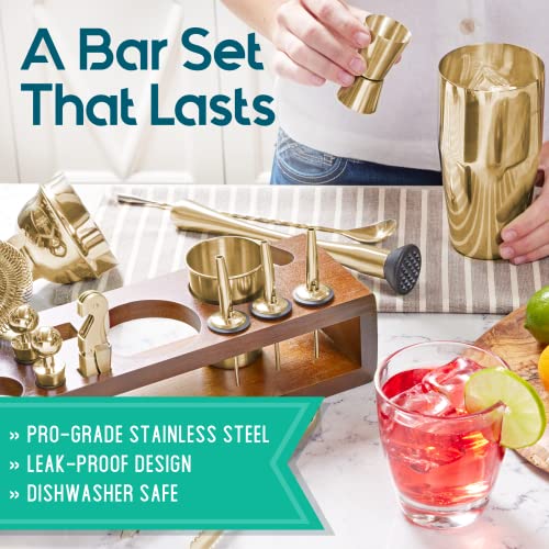 Mixology Bartender Kit: 23-Piece Bar Set Cocktail Shaker Set With Stylish Bamboo Stand | Perfect For Home Bar Tools Bartender Tool Kit And Martini Cocktail Shaker For Awesome Drink Mixing (Gold) #TOP3