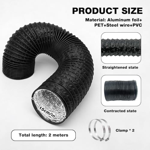 Image of HASTHIP 6 Inch 6.5 Feet Chimney Exhaust Pipe - Flexible Expandable Dryer Vent Hose with Free Hose Clamps Air Ducting PVC Aluminum Foil for HVAC Ventilation-Black