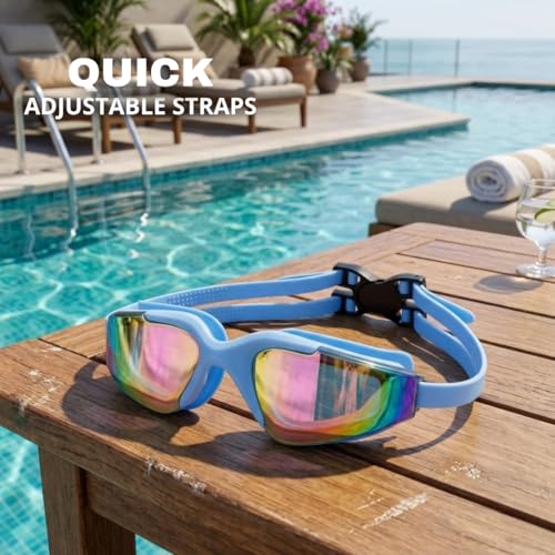 Image of BURNLAB Mirrored Lens Swimming Goggles for Pool and Outdoor Swimming, Adjustable Fit, Men & Women (blue)