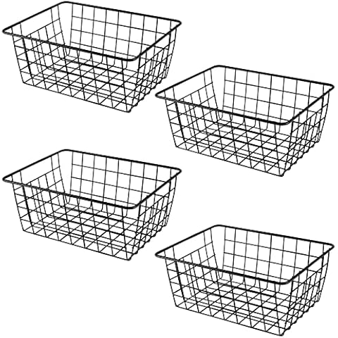 KOHAND 4 Pack 11 x 8.5 x 4.7 Inch Black Wire Storage Baskets, Metal Iron Storage Bin, Wire Freezer Organizer Bin, Small Pantry Baskets for Food, Snacks, Drinks, Fruits Cover