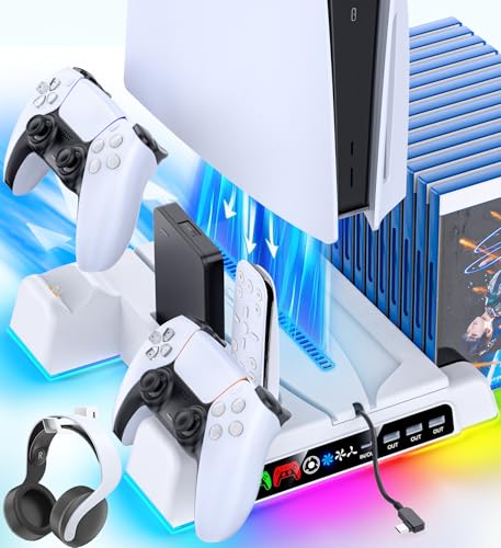 PS5/PS5 Slim/PS5 PRO Standfuß mit 3 Stufen Lüfter und PS5 Controller Ladestation für alle PS5 Konsole, PS5 Ständer mit LED Anzeige/3 USB Anschlüsse/Remote- und 14 Spiele Steckplätze für PS5 Zubehör