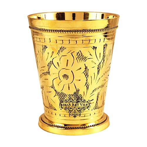 Image of INDIAN ART VILLA Brass Embossed Flower Design Julep Glass, Traditional Drinking Tumbler for Water, Lassi, Buttermilk & Beverages, Drinkware for Home, Restaurant & Gifting, 300 ML, Set of 1