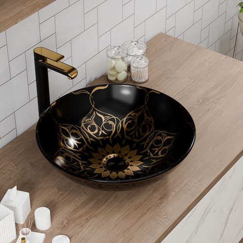Image of B Backline Ceramic Moroccan Table Top Wash Basin /Counter Top Wash Basin /Bathroom Sink For Bathrooms & Livingroom 41 X 41 X 14 Cm (Black Gold Glossy)