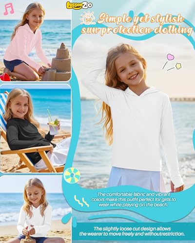 Image of 3 Pack Girls Sun Protection Swim Shirts UPF 50+ Long Sleeve Rash Guard Lightweight Quick Dry Hoodies with Thumbhole