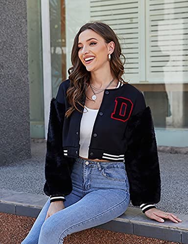 Kansoon Women's Letterman Jacket Faux Fur Long Sleeve Short Varsity Baseball Jacket Casual Streetwear Coats Back-1 Xxl #TOP4