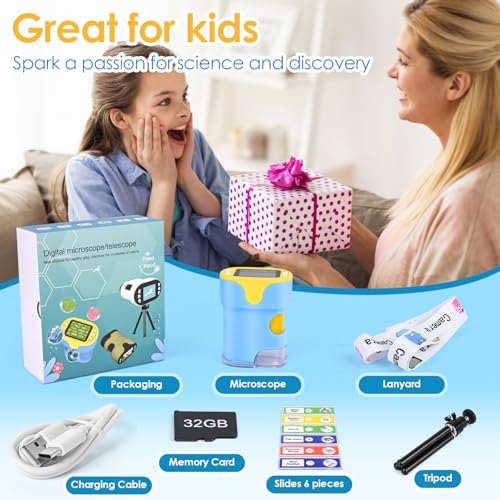 Mikroskop für Kinder, Vankarr 1000X Digitale Taschenmikroskop Tragbares Mini Handy Mikroskope mit 32GB SD-Karte, 2-Zoll-IPS-Bildschirm, Objektträgerproben, Geschenk für Kinder Studenten, Blau