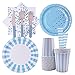 128 Pezzi Stoviglie Per Feste,Stoviglie Per Feste a Pois,Set Di Stoviglie Forniture Per Feste,Con Tovagliolo Piatti Coppa Paglia Forchette,For Matrimoni,Anniversari,Compleanni (Blu,16 Ospiti)
