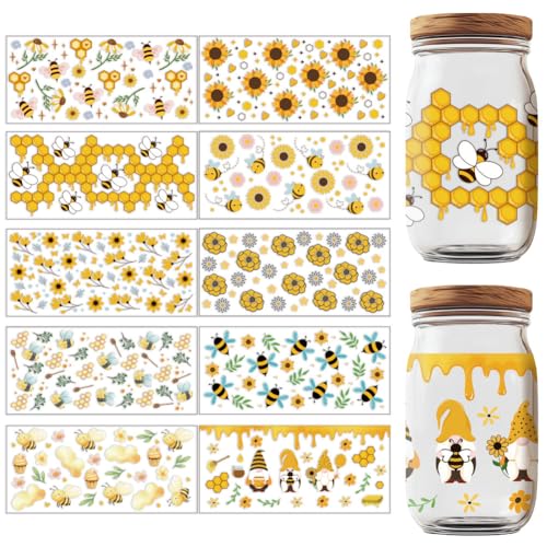 GOMAKERER 10 Sheets Bee Theme UV DTF Wraps, Clear Print UV DTF Cup Wraps Waterproof Rub on Transfer Stickers Decal for 16 Oz Glass Cups Mugs Container Decor