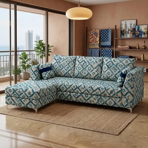 Image of FURNY Signature Cresta 4-Seater L-Shape Sofa Set with Movable Ottoman | Flexible LHS /RHS Layout | Tapestry Fabric | 40D Foam + Zigzag Spring | 3-Yr Warranty (Lagoon Mosaic Blue)