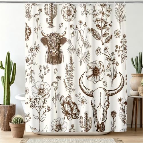 Uilifeque Wild West Bull Skull Shower Curtain Western Cactus Cow with Flowers Shower Curtains Brown Southwestern Bathroom Shower Curtain Set Bohemian Farmhouse Nature Bathroom Home Decor 72X72 inches