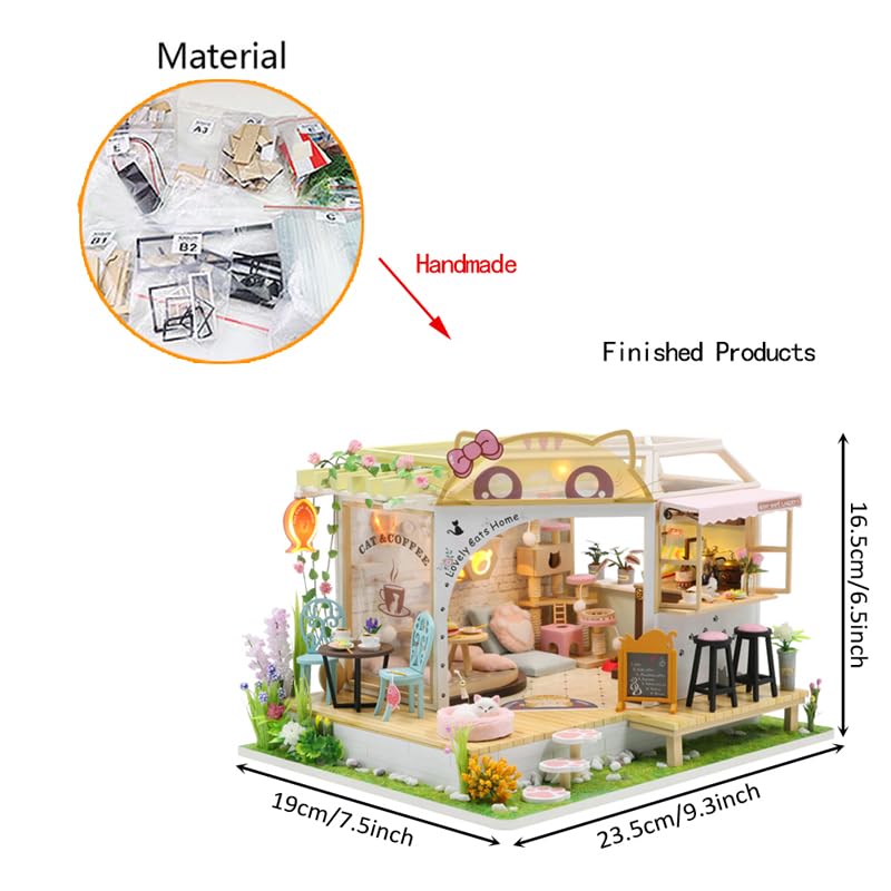 Kit fai da te Cat Cafe in miniatura per casa delle bambole con luce a LED, scala 1:24, fatto a mano, gatto, caffè, giardino, casa delle bambole, regalo di compleanno creativo per adolescenti (casetta