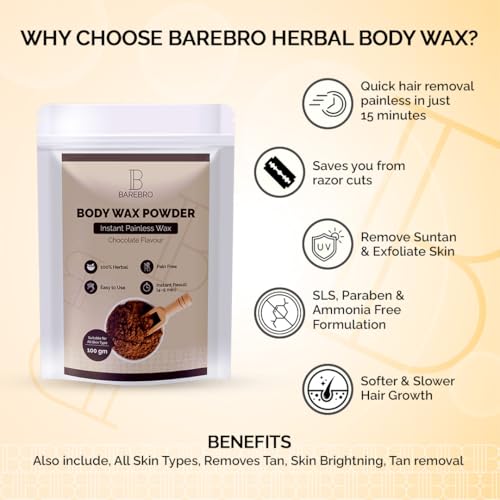 Image of Chocolate Hair Removal Wax Powder for Women & Men | Professional & Painless Herbal Wax Powder with Natural Ingredients for All Skin Types | Quick, Easy to Apply Hair Removal for Smooth Skin with No Irritation or Skin Rashes 100 gms