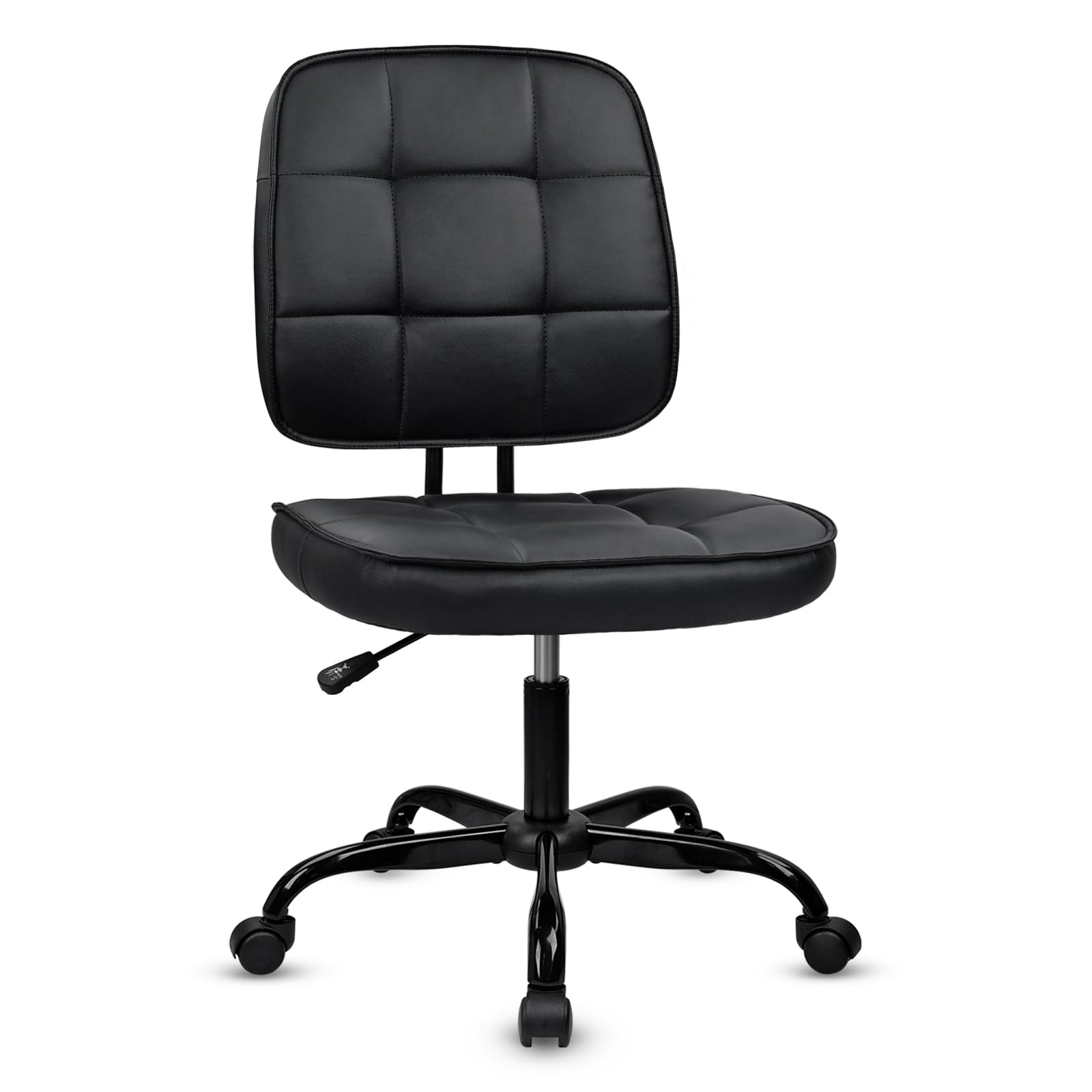 CLATINA Home Office Chair No Arms with Wheels, Armless Small Leather Ergonomic Low Back Desk Chairs Adjustable Height 360° Swivel Rolling Computer Task Chair for Work Reading Conference Room, Black
