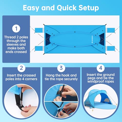 Image of Raynesys Beach Tent Sun Shelter, Sun Shelter for 1-6 Person, Beach Shade Tent, Beaches Shade with 2 Zippered Doors, Portable Tents for Camping Fishing, Blue