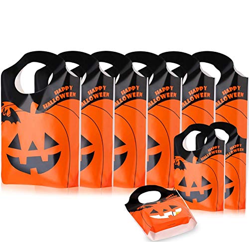 Eastor Lot de 50 sacs à bonbons en plastique pour Halloween - Orange citrouille - Pour Halloween, fête, goûter, décoration, art et loisirs créatifs des enfants Cover