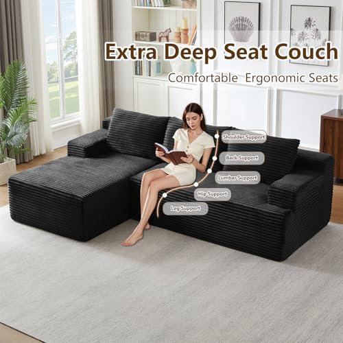 Image of 96 inch Modular Sectional Sofa Couches L-Shape Couch 3 Seat Modular Sofa Corduroy Memory Foam Sectional Boneless Couches for Living Room, Cloud Couch with Oversized Chaise(Black, Left Facing)