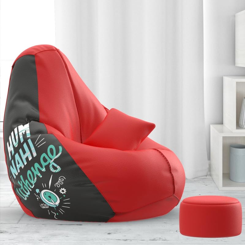 Image of Biggie Bean Bag Chair with Beans Filled 4XL Evergreen Classics Bean Bag-Loud Prints-Soft Landings-Styled with Free Cushion & Footrest (Matching Color : Printed Hum Nahin Uthenge - Red Black)