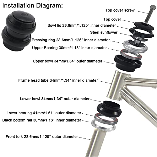 1-1/8\'\' Threadless Bike Headset for Bikes Fork,with Spacers Star Nut Stem Cap and Bearings,MTB Mountain Race Bicycle BMX Scooter Headset Parts 34mm - Thumbnail 2