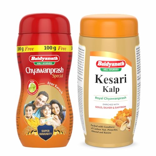 Image of Baidyanath Asli Ayurved Chyawanprash Special, 1kg + 100g Free for Adults & Kids & Baidyanath Asli Ayurved Kesari Kalp Royal Chyawanprash 1 Kg - Enriched With Gold, Silver And Saffron, Pack of 1