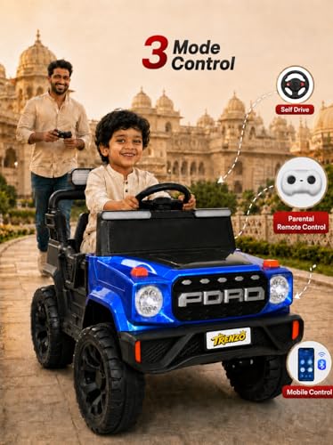 Image of Trenzo Kids Electric Ride On Jeep Car for 2-6 Years | 4x4 Style Battery Operated Toy Car with Steering Wheel, Music, LED Lights | Indoor & Outdoor Ride On Vehicle for Boys & Girls